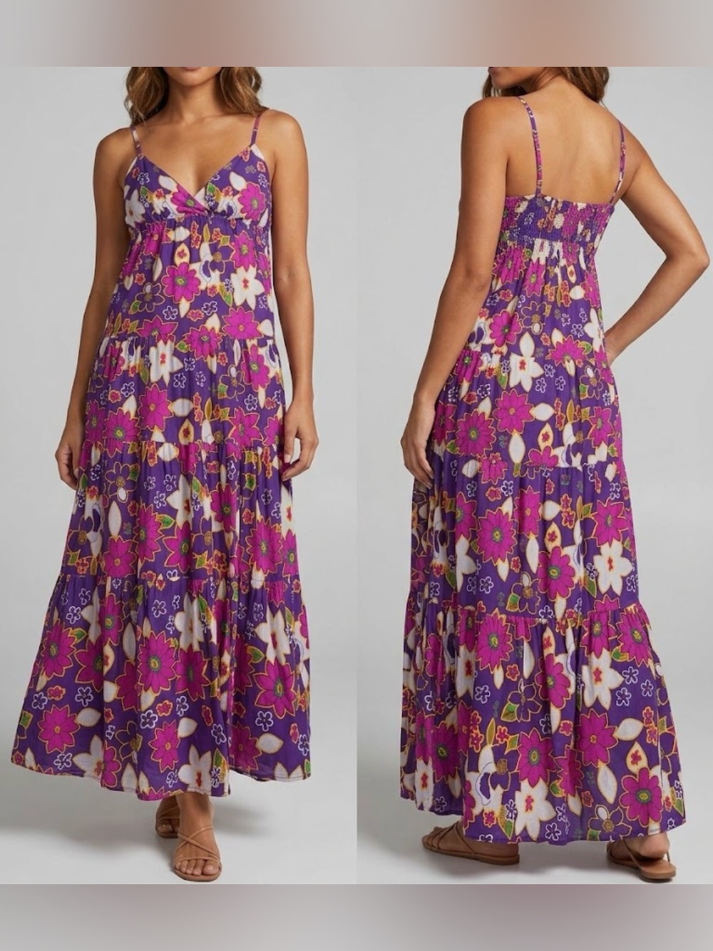 Speed Control Purple Floral Tiered Maxi Dress with Spaghetti straps 100%cotton